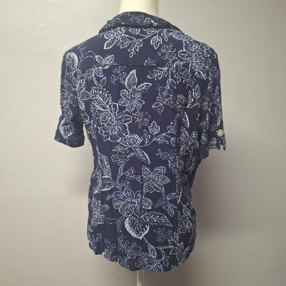 Drapers & Damons Crepe Shirt Blue Blouse Button Down Floral Womens Medium - Picture 4 of 7